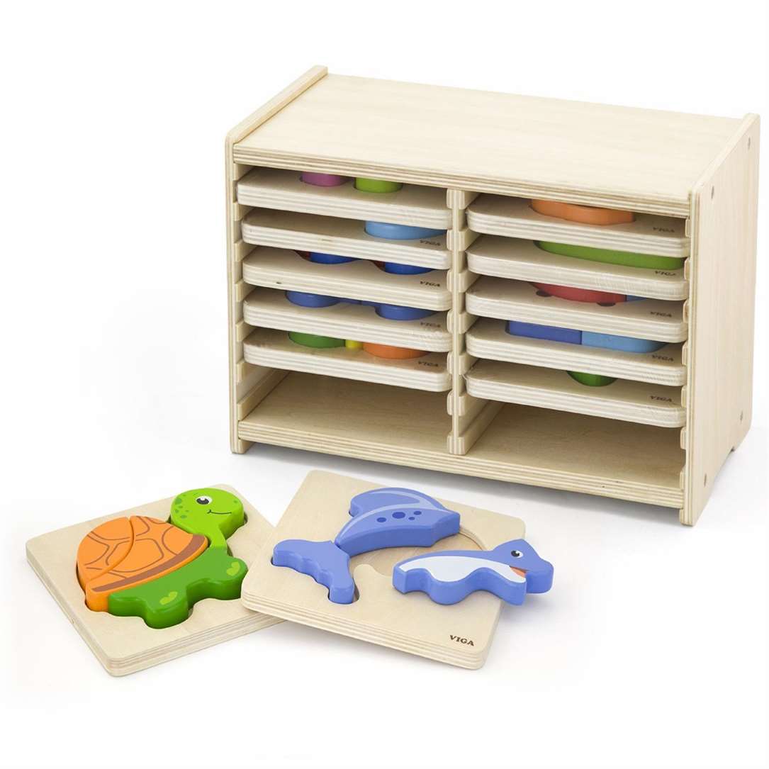 Wooden Block Puzzle  -12 pcs Set w/Storage Shelf